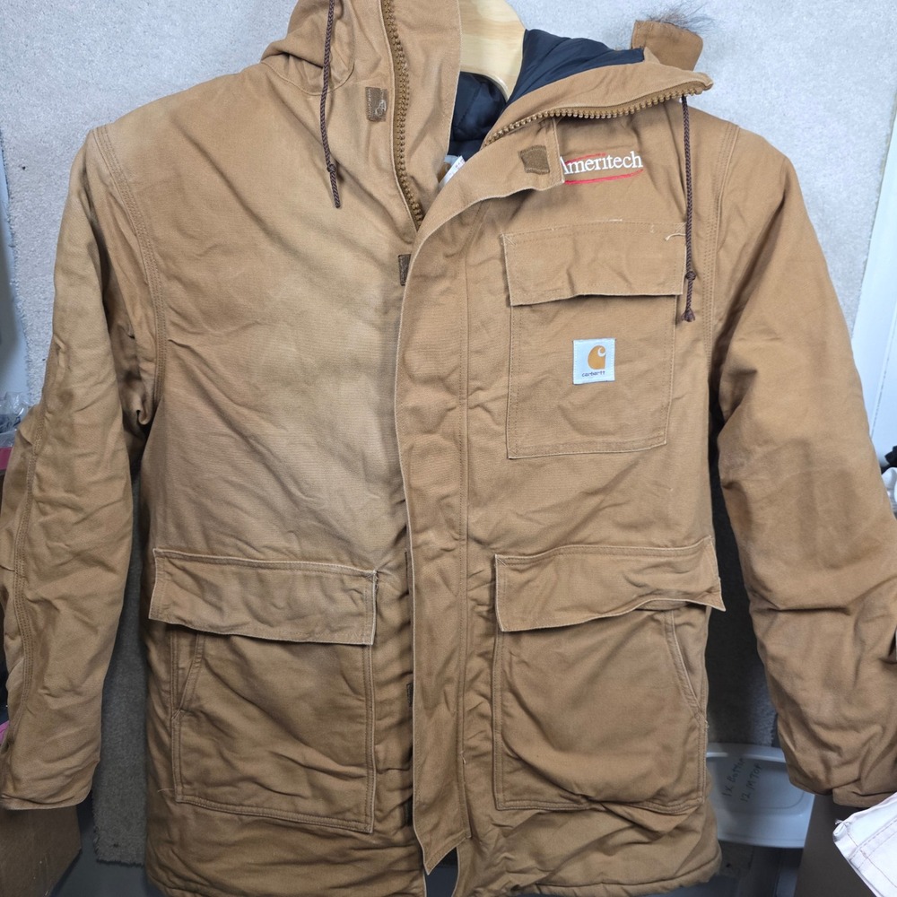 Carhartt Arctic Quilt Lined Parka XL Cotton Duck Fur Hood Brown Vintage 90s Coat